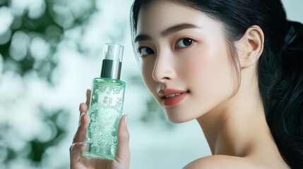 A woman holds a clear cosmetic product bottle.