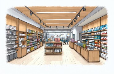 Obraz premium Illustration of retail store interior with wooden shelving, aisles stocked with products. Sketch grocery supermarket layout with lighting, ceiling detail, shoppers browsing merchandise. Commercial