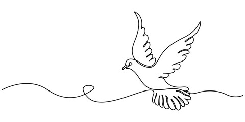 Fototapeta premium Single Line Dove Drawing Peace, Flight, Freedom, Hope, Art, Simple Linear Drawing, flying dove bird one continuous line drawing vector illustration, Editable stroke