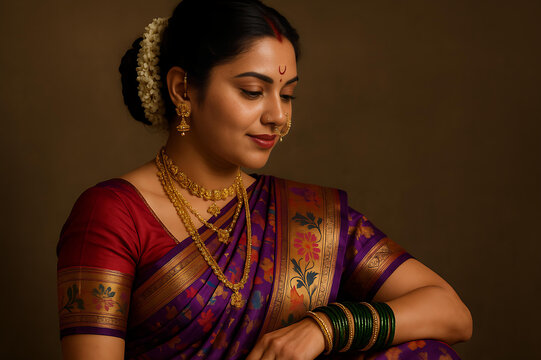 Graceful Marathi Woman in Traditional Nauvari Saree Attire