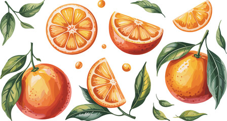 Realistic orange illustrations, juicy fruit slices, citrus artwork, fresh oranges, vibrant texture, healthy food clipart, organic fruit design, vitamin-rich graphics