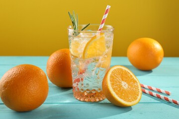 Refreshing soda water with ice and orange on light blue wooden table, closeup