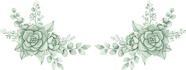 Succulent leaf arrangement, green botanical design, symmetrical composition, floral illustration, decorative foliage, nature art, wedding invite element, greeting card background, elegant greenery