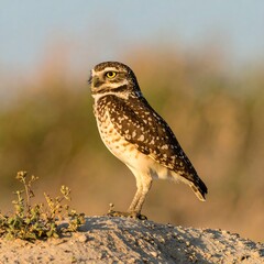 Majestic Burrowing Owl Perched on Mound Under Warm Sunlight in Natural Setting