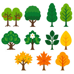 Vibrant Tree Icons. Flat vector icons of deciduous trees: twin rowan trees with berries, round-top hornbeam, wide hazel with