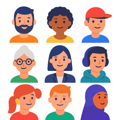Modern Avatar Icons. Flat vector icons of people avatar profiles: smiling man with beard, woman with short curly hair, young boy