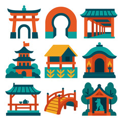 Traditional Asian Architecture Icons. Flat vector icons of Japanese Chinese architecture: traditional gate with layered finial,
