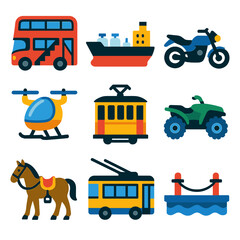 Colorful Transport Icons. Flat vector icons of transportation: double-decker bus with stairs, oil tanker ship with red hull,