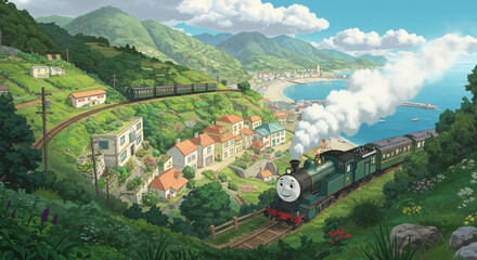 Naklejka premium A scenic view of a train traveling through a coastal town with mountains and a beautiful blue sky