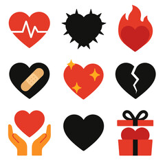 Heart Icon Collection. Flat vector icons of black and red hearts: red heart with heartbeat line, black heart with thorns, red