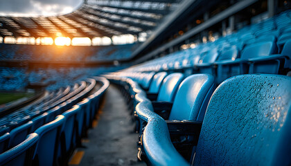 Obraz premium Rows of empty blue stadium seats in VIP area. Arena seating for football match or soccer game. Spectators await event in comfortable, exclusive luxury venue.