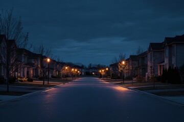 Suburban street at night, houses illuminated, calm evening, residential area