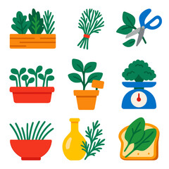 Vibrant Herb Icons. Flat vector icons of culinary herbs: wooden spice box with mixed herbs, herb bunch tied with ribbon, herb