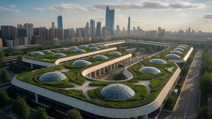 Obraz na płótnie Canvas Stunning modern corporate campus with green rooftops and city skyline backdrop