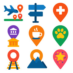 Colorful Location Icons. Flat vector icons of location: airplane landing with destination pin, street sign with location symbol,