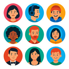 Stylish Avatar Icons. Flat vector icons of avatar profile men and women in round shape: woman with red lipstick in pink circle,