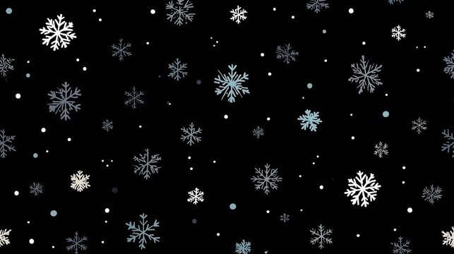A myriad of snowflakes, various shades of grey and blue, against a black backdrop
