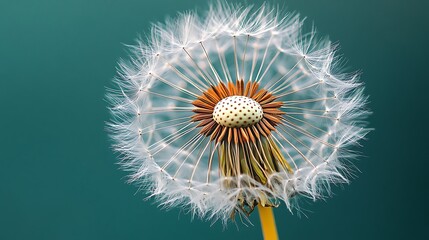 Close up of a delicate dandelion seed head with a blurred green background