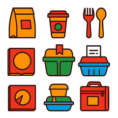 Bold Delivery Icons. Flat vector icons of delivery and takeout packaging: paper delivery bag, takeaway cup with lid, disposable