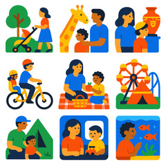 Family Outing Icons. Flat vector icons of family outings with children: stroller in park, zoo animal encounter, kid at museum,