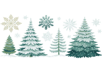 Obraz premium Watercolor winter forest scene with snow covered pine trees and snowflakes vector