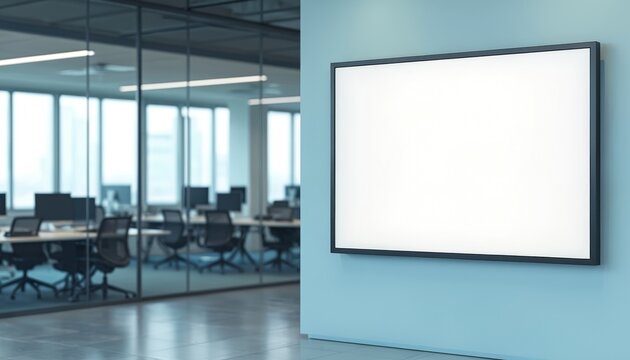 Blank digital signage display mounted on light blue wall in modern office interior. Sleek screen offers versatile canvas for brand messaging, corporate communication, information presentation in - Powered by Adobe