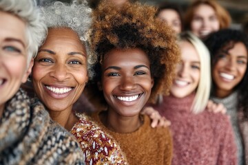 Fototapeta premium Smiling women of diverse backgrounds pose together in cozy sweaters, celebrating friendship in a warm indoor setting
