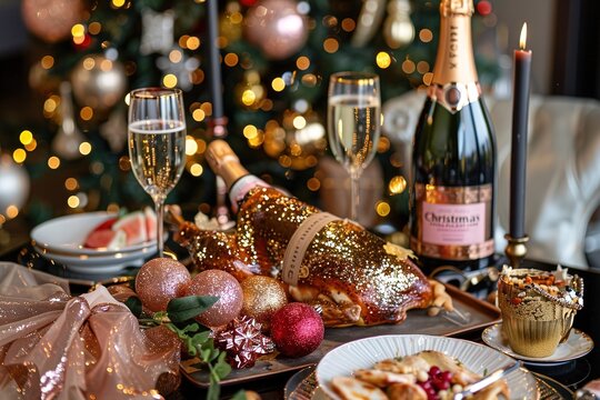 Picture a scene of elegance and taste as a dining table hosts a modern Christmas tree, glasses filled with sparkling champagne, a tempting cake, succulent chicken