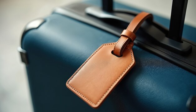 Close-up of single brown leather luggage tag attached to modern blue suitcase handle. Accessory offers sleek design for travel identification, ensuring secure baggage handling during journeys,