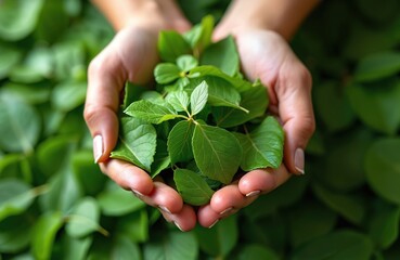 Hands cradle fresh green drumstick leaves, rich in vitamins and antioxidants. This natural herb is vital for eye health and managing cholesterol and blood sugar levels.
