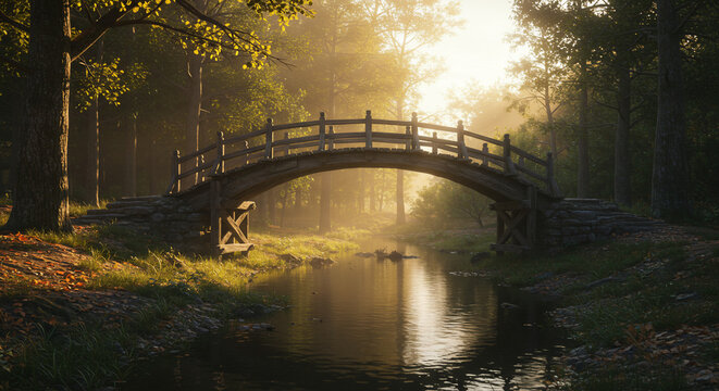 A wooden arched bridge over a small river in a forest with sunlight shining through the trees and fog