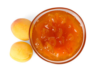 Tasty apricot jam in bowl and fresh fruits isolated on white, top view