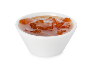 Tasty apricot jam in bowl isolated on white