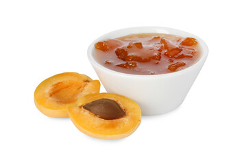 Tasty apricot jam in bowl and fresh fruit isolated on white