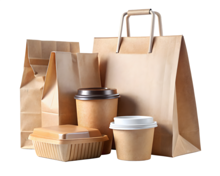 Takeaway paper bag, coffee cup and cardboard box isolated on transparent background