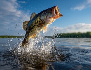 Fototapeta premium Largemouth Bass leaping from lake water at sunrise