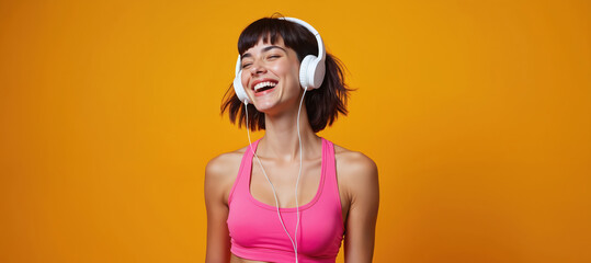 Happy young woman with short hair enjoys music with wireless headphones. Wearing pink sportswear against vibrant orange studio background. Active lifestyle, fitness, energy, positivity radiate from