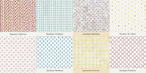 Collection of eight diverse abstract geometric patterns in various color palettes