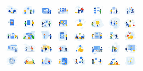 Fototapeta premium Diverse business and technology scenes illustrated with stylized figures