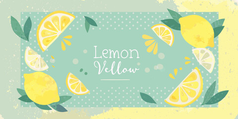 Bright yellow lemons and slices with green leaves on a mint background