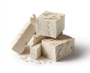 Several firm, light beige tofu cubes, stacked and broken, on a white background