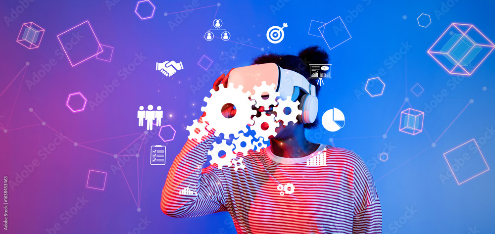 Poster a person experiences virtual collaboration using advanced technology in a modern setting, highlighti