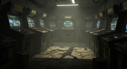 A dimly lit arcade room filled with rows of vintage arcade cabinets and tangled wires on the floor