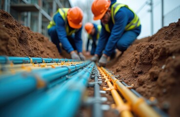 Technicians install colorful fiber optic cables in trench. Workers wear hard hats, safety vests, carefully managing complex network infrastructure. Glowing data connections visible, indicating modern