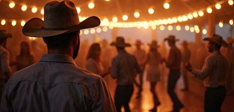 Country barn dance event with live music and people in cowboy hats. Rustic, western atmosphere with festive, energetic vibes. Couples dance under warm string lights, enjoying lively, joyful gathering.