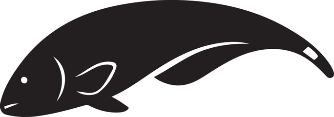 Black silhouette of a curved fish with flowing fins