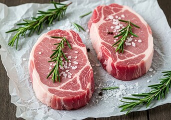 Fototapeta premium Fresh raw meat with rosemary and salt on parchment paper. This image showcases two cuts of raw meat seasoned with fresh rosemary sprigs and sprinkled with salt on top of parchment paper