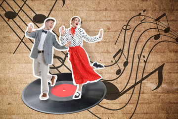 Retro party poster. Couple dancing on vinyl record against dark beige textured background with...