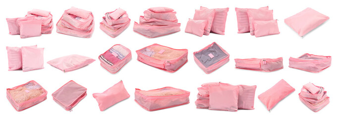 Packing cubes with clothes isolated on white, set