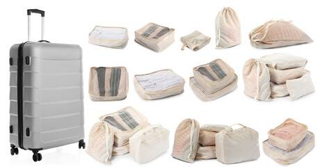 Packing cubes with clothes and suitcase isolated on white, set